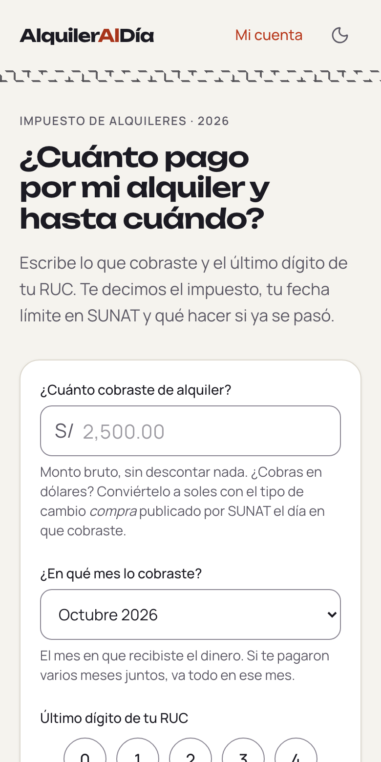 Pantalla de inicio de AlquilerAlDía en un celular
