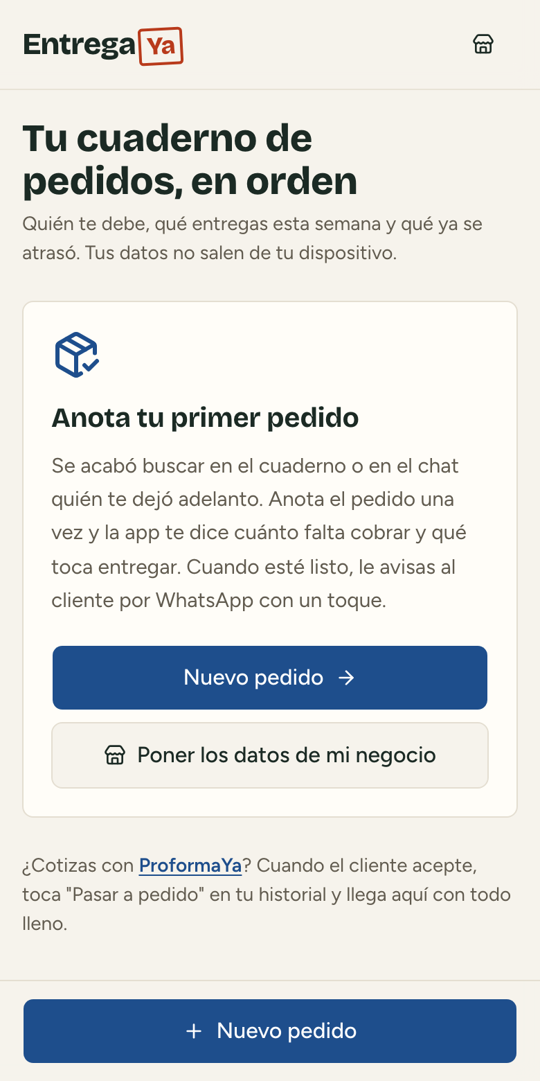 Pantalla de inicio de EntregaYa en un celular